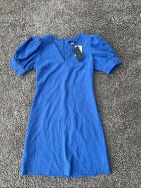 Bright Blue Puff-Sleeve V-Neck Dress